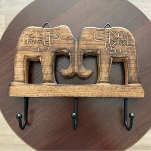 Elephant Wooden Brown Carved Wall Hanging Key Hook
